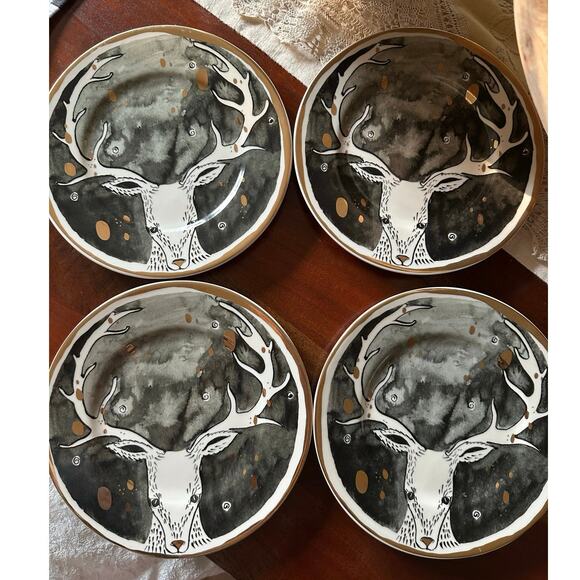 4 Anthropologie Moonlit Forest / Celeste Dessert Plates deer stag holiday cabin - Picture 1 of 6